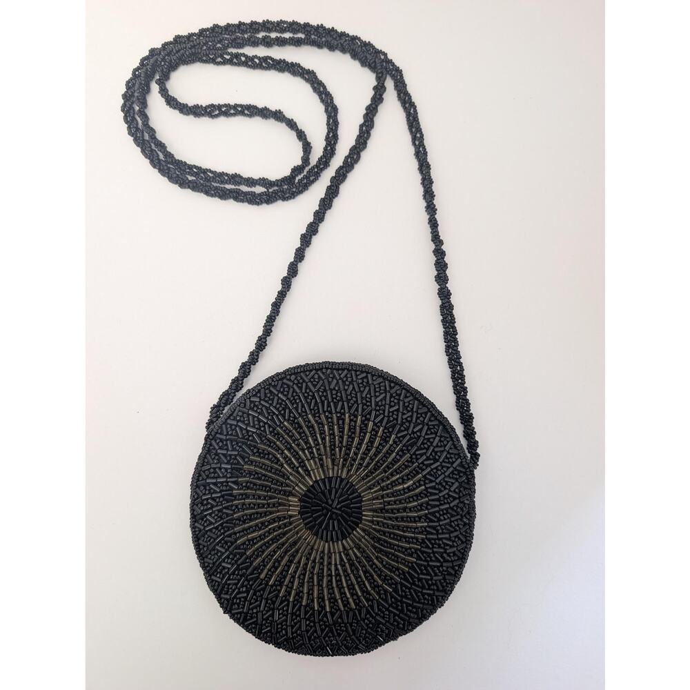 Vintage Round Beaded Crossbody Bag Black Sunburst Bugle Bead Evening Purse